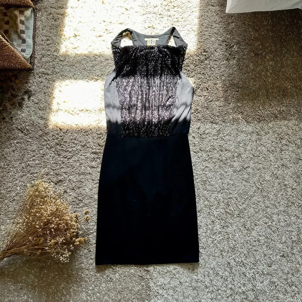 Black Tory Burch Sequin Sleeveless Pencil Dress Wool Nylon Women’s Size S